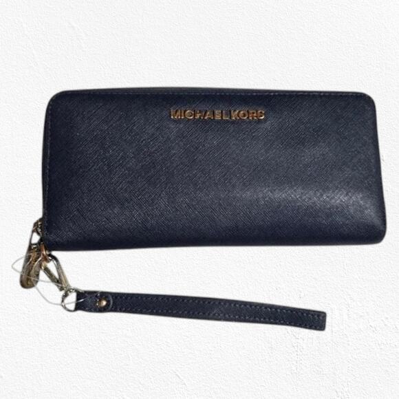 Michael Kors Navy Blue Leather Continental Wristlet Timeless Zip Around Wallet - Picture 1 of 9